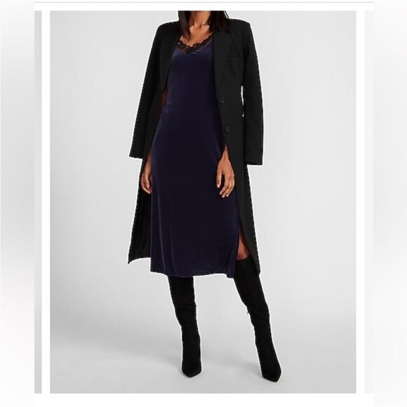 Express stretch Velour velvet black Lace Trim Slip Dress midi maxi side slit XS - Picture 2 of 10